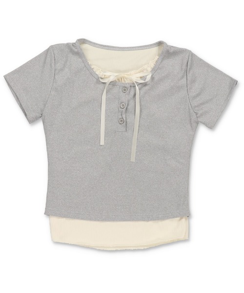 SPINNS（スピンズ）の「レイヤード風半袖カットソー/リボン（Tシャツ/カットソー・レディース・ピンク/グレー/ブラック/アイボリー・ONESIZE）」の3枚目の写真