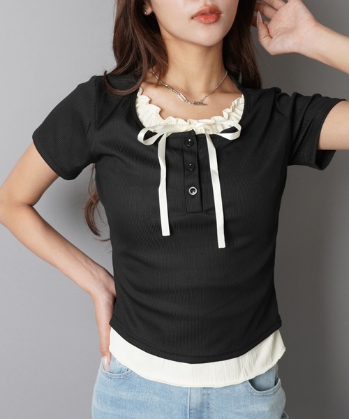 カットソー(半袖/袖なし) bone line bicolor tops bone line bicolor tops