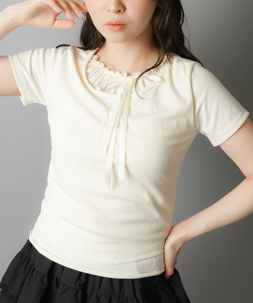 レイヤード風半袖カットソー/リボン（Tシャツ/カットソー