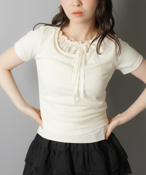 SPINNS（スピンズ）の「レイヤード風半袖カットソー/リボン（Tシャツ/カットソー・レディース・ピンク/グレー/ブラック/アイボリー・ONESIZE）」の16枚目の写真