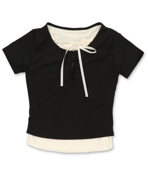 SPINNS（スピンズ）の「レイヤード風半袖カットソー/リボン（Tシャツ/カットソー・レディース・ピンク/グレー/ブラック/アイボリー・ONESIZE）」の6枚目の写真