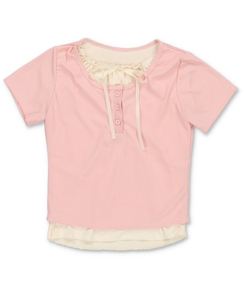 SPINNS（スピンズ）の「レイヤード風半袖カットソー/リボン（Tシャツ/カットソー・レディース・ピンク/グレー/ブラック/アイボリー・ONESIZE）」の7枚目の写真