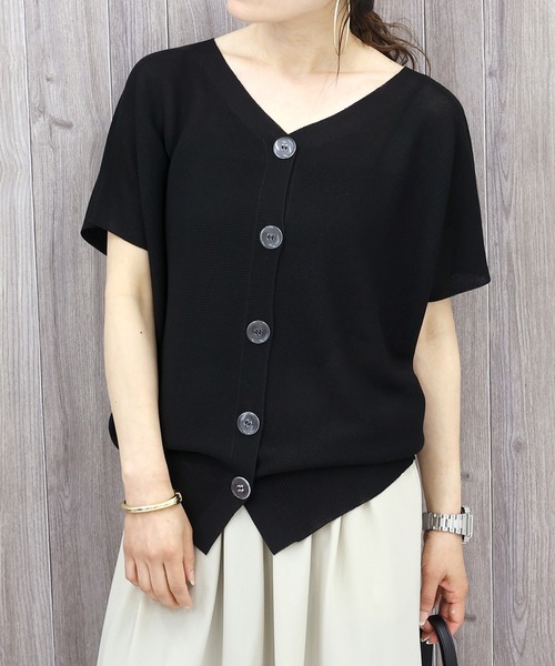 Aletta vita（アレッタビータ）の「ガーター編みVネック2WAYカーディガン（カーディガン/ボレロ・レディース・ダークブラウン/ブラック/グレイッシュベージュ・M）」の2枚目の写真