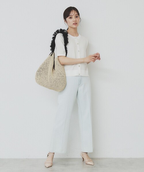 ホワイト ストライプ 半袖カーディガン Discoat カーディガン 「新色追加!」衿付きWジップ半袖