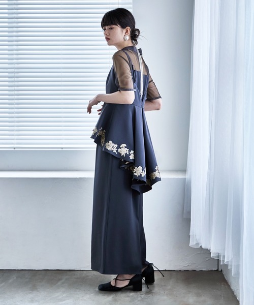 刺繍ペプラムビスチェ＆Iラインドレスセットアップ（ドレス