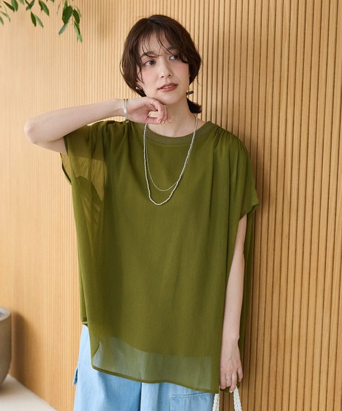 Green　Parks（グリーンパークス）の「楊柳ドッキングフレンチプルオーバー（Tシャツ/カットソー・レディース・ブルー/ライトベージュ/カーキ/ブラック/ピンク/ブラウン・FREE）」の4枚目の写真