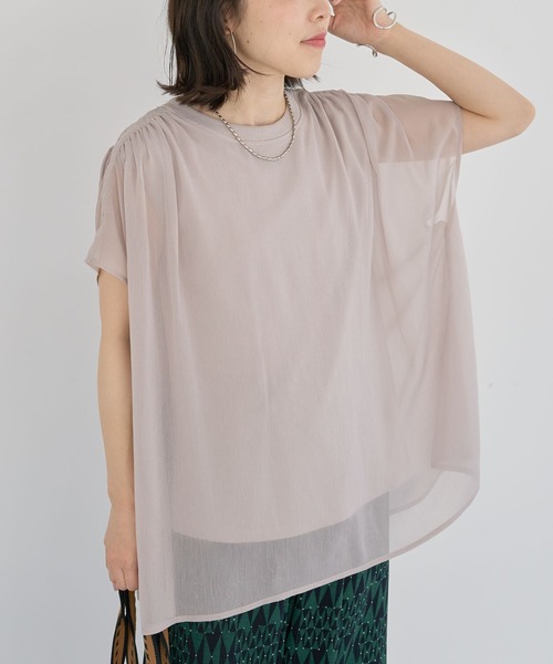 Green　Parks（グリーンパークス）の「楊柳ドッキングフレンチプルオーバー（Tシャツ/カットソー・レディース・ブルー/ライトベージュ/カーキ/ブラック/ピンク/ブラウン・FREE）」の3枚目の写真