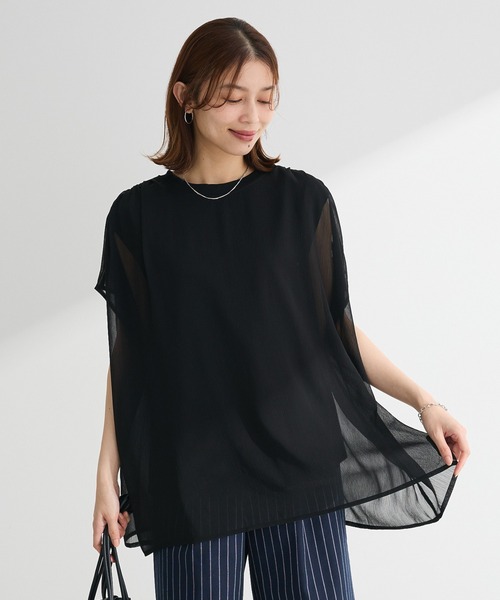 Green　Parks（グリーンパークス）の「楊柳ドッキングフレンチプルオーバー（Tシャツ/カットソー・レディース・ブルー/ライトベージュ/カーキ/ブラック/ピンク/ブラウン・FREE）」の2枚目の写真