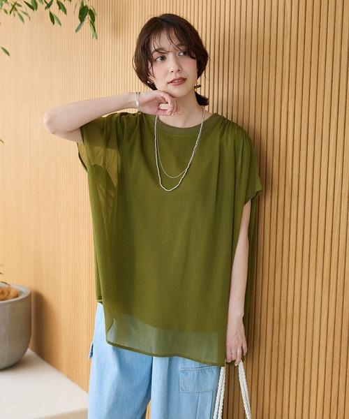 Green　Parks（グリーンパークス）の「楊柳ドッキングフレンチプルオーバー（Tシャツ/カットソー・レディース・ブルー/ライトベージュ/カーキ/ブラック/ピンク/ブラウン・FREE）」の22枚目の写真