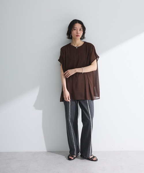 Green　Parks（グリーンパークス）の「楊柳ドッキングフレンチプルオーバー（Tシャツ/カットソー・レディース・ブルー/ライトベージュ/カーキ/ブラック/ピンク/ブラウン・FREE）」の8枚目の写真