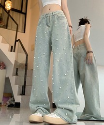 CHUL（チュル）の「パール付きルーズストレートハイウエストパンツ（デニムパンツ）」