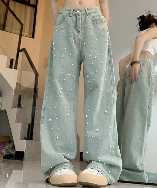 CHUL(チュル)の「パール付きルーズストレートハイウエストパンツ(デニムパンツ・レディース・ブルー・SMALL/MEDIUM/LARGE/X-LARGE)」の6枚目の写真