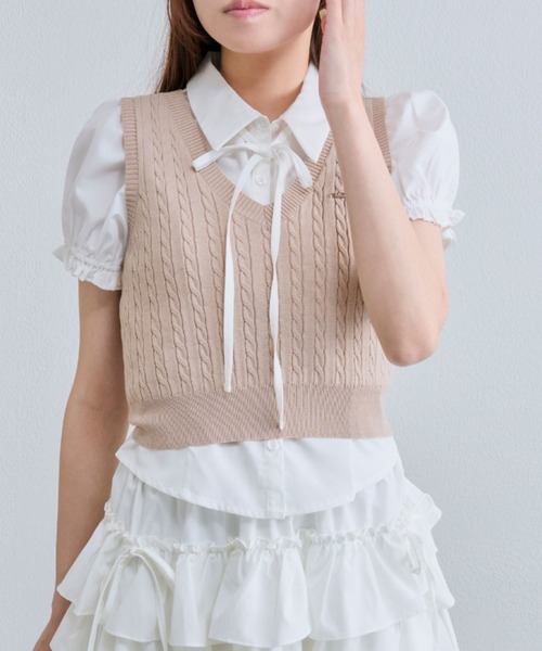 OLIVE des OLIVE（オリーブデオリーブ）の「シャツ×ケーブルベストセット（シャツ/ブラウス・レディース・ベージュ/ネイビー/トップグレー・FREE）」の10枚目の写真