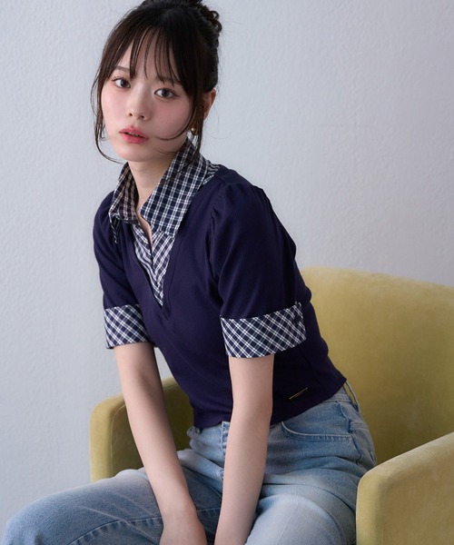セール】レイヤードチェックトップス(Tシャツ/カットソー)|one セール】レイヤードチェックトップス(Tシャツ/カットソー)|one
