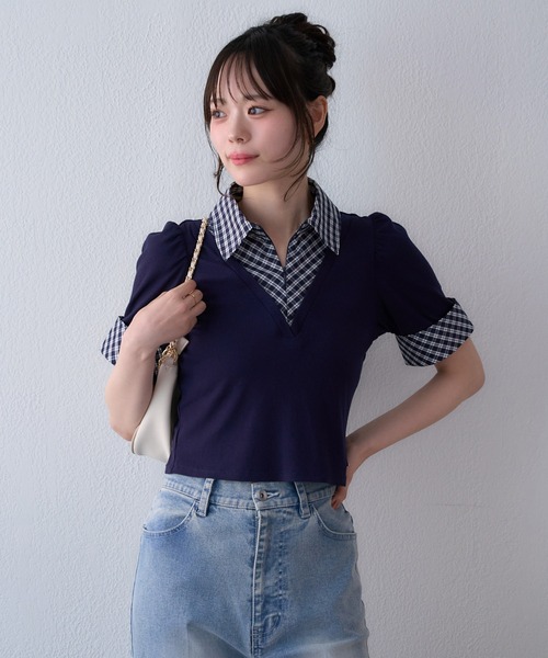 one after another NICE CLAUP(ワンアフターアナザーナイスクラップ)の「レイヤードチェックトップス(Tシャツ/カットソー・レディース・ネイビー/ブラウン/ブラック・FREE)」の13枚目の写真