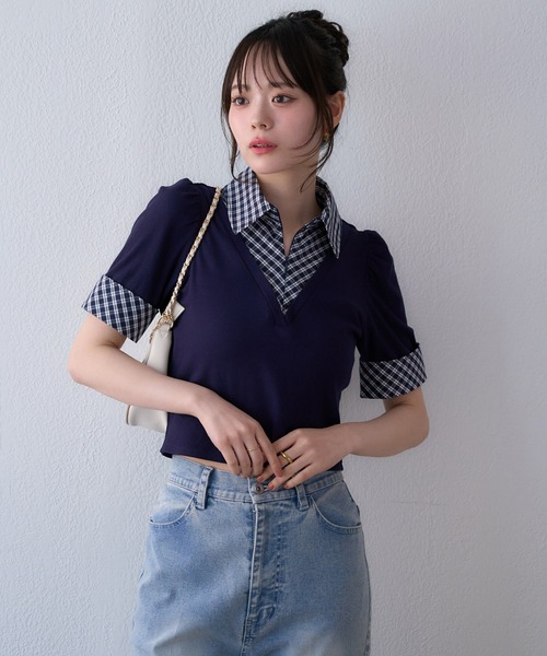 one after another NICE CLAUP(ワンアフターアナザーナイスクラップ)の「レイヤードチェックトップス(Tシャツ/カットソー・レディース・ネイビー/ブラウン/ブラック・FREE)」の14枚目の写真