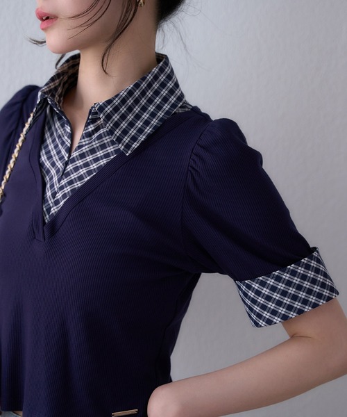 one after another NICE CLAUP(ワンアフターアナザーナイスクラップ)の「レイヤードチェックトップス(Tシャツ/カットソー・レディース・ネイビー/ブラウン/ブラック・FREE)」の18枚目の写真