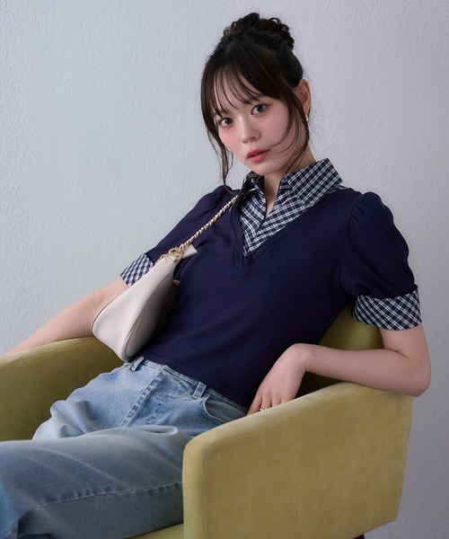 one after another NICE CLAUP(ワンアフターアナザーナイスクラップ)の「レイヤードチェックトップス(Tシャツ/カットソー・レディース・ネイビー/ブラウン/ブラック・FREE)」の17枚目の写真