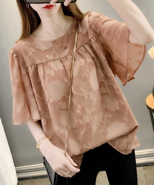 Miniministore(ミニミニストア)の「フレア袖シフォンブラウス レディース夏服半袖(シャツ/ブラウス・レディース・ブラック/ホワイト/ピンクベージュ・L/M)」の3枚目の写真