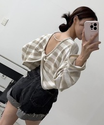 ボーダー柄バックカシュクールニットトップス