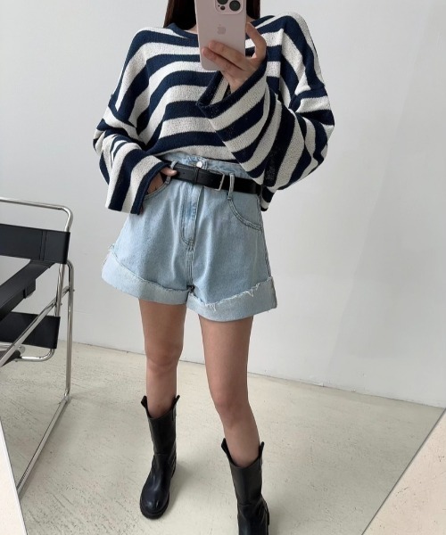 semuse(セミューズ)の「ボーダー柄バックカシュクールニットトップス(ニット/セーター・レディース・ブラック/ベージュ/ピンク・FREE)」の8枚目の写真