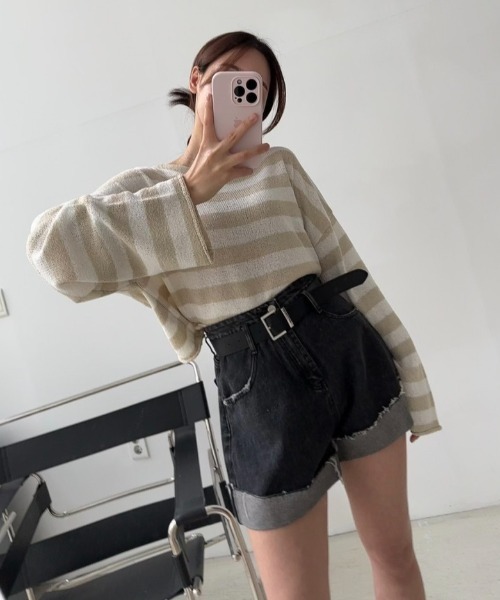 semuse(セミューズ)の「ボーダー柄バックカシュクールニットトップス(ニット/セーター・レディース・ブラック/ベージュ/ピンク・FREE)」の16枚目の写真