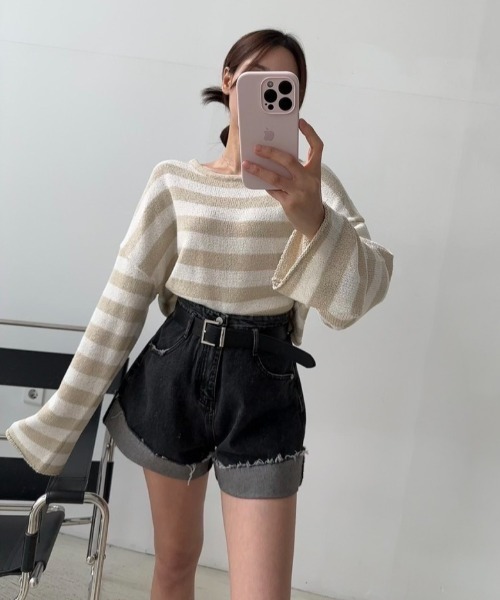 semuse(セミューズ)の「ボーダー柄バックカシュクールニットトップス(ニット/セーター・レディース・ブラック/ベージュ/ピンク・FREE)」の18枚目の写真