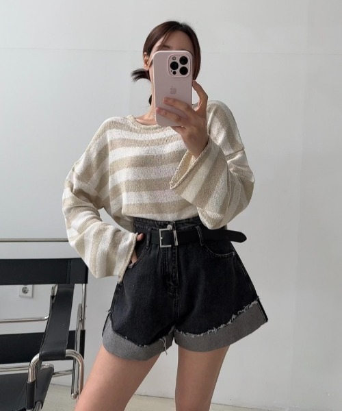 semuse(セミューズ)の「ボーダー柄バックカシュクールニットトップス(ニット/セーター・レディース・ブラック/ベージュ/ピンク・FREE)」の20枚目の写真