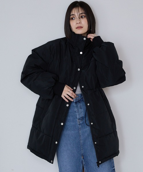 撥水/防風＞ウエストマークドロストミドル丈中綿ジャケット MONO-MART