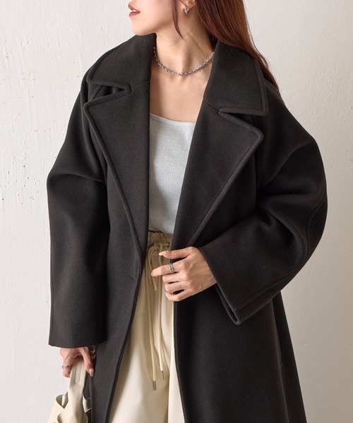 テックウールラグランスリーブロングコート（チェスターコート