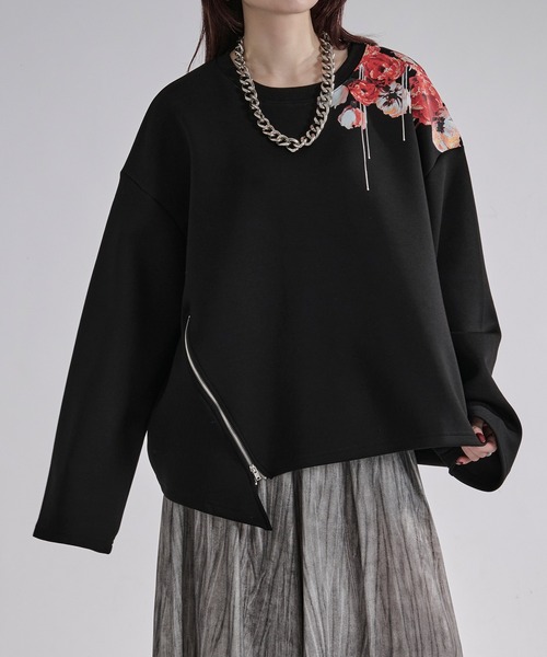 Ellno Loset（エルノロゼット）の「フラワープリントスリットジップポンチロンT（Tシャツ/カットソー・メンズ・ブラック/チャコール・SMALL/MEDIUM/LARGE）」の7枚目の写真