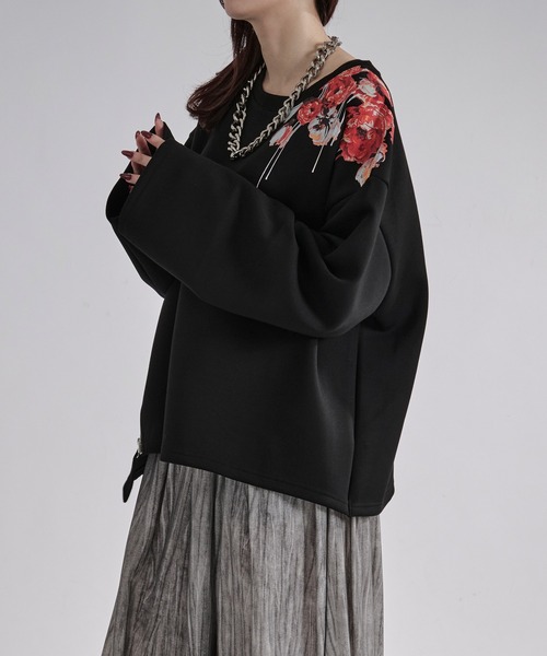 Ellno Loset（エルノロゼット）の「フラワープリントスリットジップポンチロンT（Tシャツ/カットソー・メンズ・ブラック/チャコール・SMALL/MEDIUM/LARGE）」の8枚目の写真