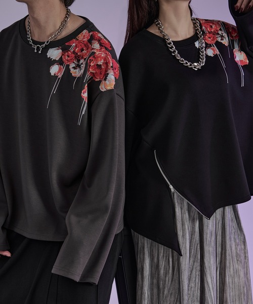 Ellno Loset（エルノロゼット）の「フラワープリントスリットジップポンチロンT（Tシャツ/カットソー・メンズ・ブラック/チャコール・SMALL/MEDIUM/LARGE）」の11枚目の写真