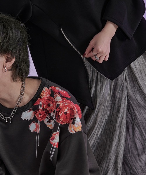 Ellno Loset（エルノロゼット）の「フラワープリントスリットジップポンチロンT（Tシャツ/カットソー・メンズ・ブラック/チャコール・SMALL/MEDIUM/LARGE）」の10枚目の写真