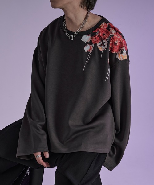 Ellno Loset（エルノロゼット）の「フラワープリントスリットジップポンチロンT（Tシャツ/カットソー・メンズ・ブラック/チャコール・SMALL/MEDIUM/LARGE）」の9枚目の写真