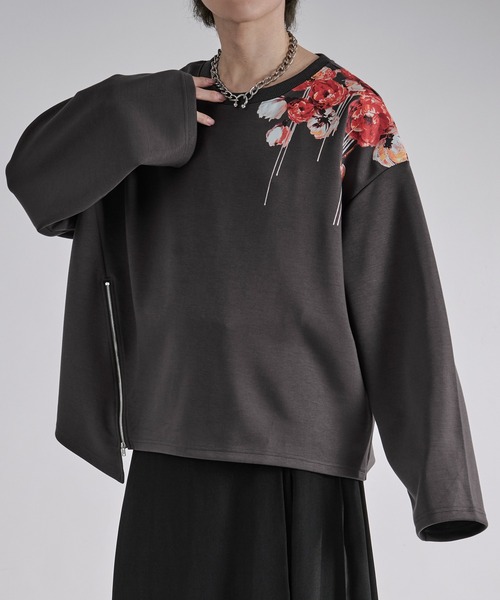 Ellno Loset（エルノロゼット）の「フラワープリントスリットジップポンチロンT（Tシャツ/カットソー・メンズ・ブラック/チャコール・SMALL/MEDIUM/LARGE）」の18枚目の写真