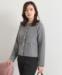 日本製【Le minor】ウールモッサノーカラージャケット　グレー　SIZE38 尾州ウールブレンドニットジャケット こげ茶千鳥格子柄 LES MUES