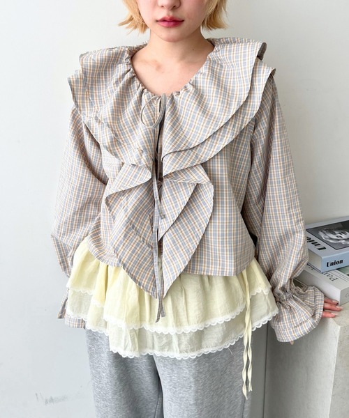 未使用級✨45R インディゴチェック フリルカシュクールブラウス 羽織り シャツ NICOLE CLUB（ニコル クラブ）の「チェックフリルチュニック（シャツ