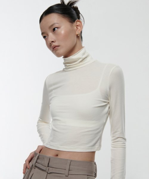 MUSINSA STANDARD WOMAN（ムシンサスタンダードウーマン）の「ウィメンズスリムクロップタートルネック長袖Tシャツ[クリーム]（Tシャツ/カットソー・レディース・その他・SMALL/MEDIUM/LARGE/X-SMALL）」の3枚目の写真
