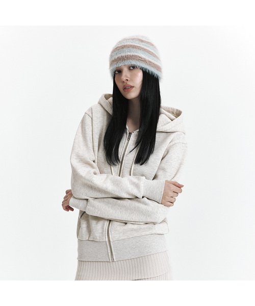 C VELVET LOGO FLEECE ZIP-UP HOODIE_OATMEAL