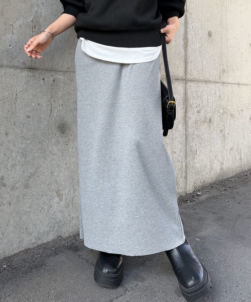 RANAN（ラナン）の「［-3kg見え］セルフカットリブロングナロースカート【4サイズ展開 S/M/L/LL】（スカート・レディース・グレー/ブラック/アイボリー・L/LL/M/S）」の8枚目の写真