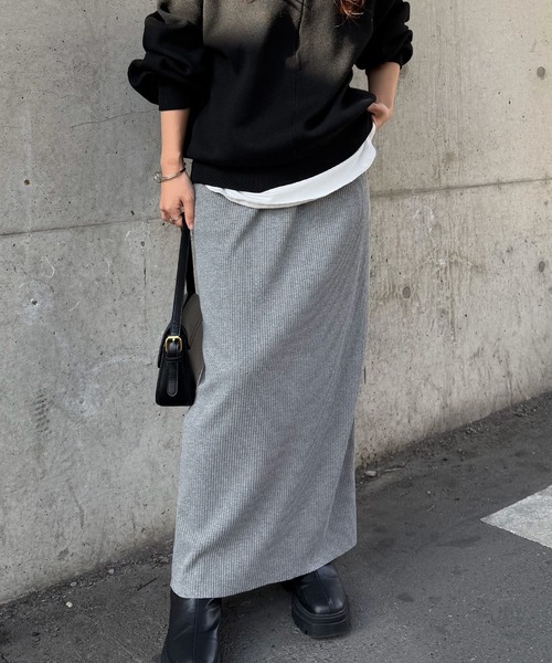 RANAN（ラナン）の「［-3kg見え］セルフカットリブロングナロースカート【4サイズ展開 S/M/L/LL】（スカート・レディース・グレー/ブラック/アイボリー・L/LL/M/S）」の9枚目の写真