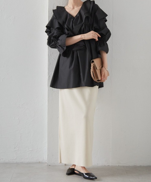 RANAN（ラナン）の「［-3kg見え］セルフカットリブロングナロースカート【4サイズ展開 S/M/L/LL】（スカート・レディース・グレー/ブラック/アイボリー・L/LL/M/S）」の14枚目の写真