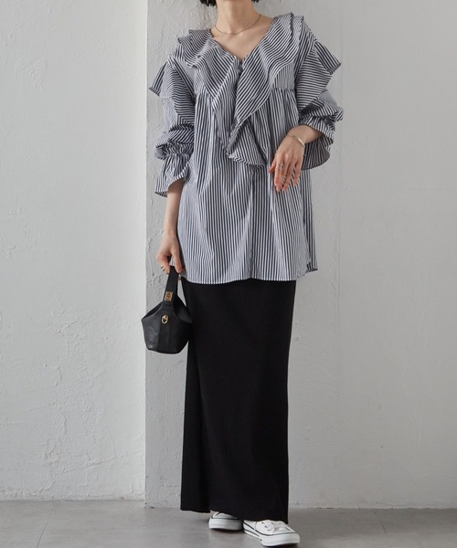 RANAN（ラナン）の「［-3kg見え］セルフカットリブロングナロースカート【4サイズ展開 S/M/L/LL】（スカート・レディース・グレー/ブラック/アイボリー・L/LL/M/S）」の17枚目の写真