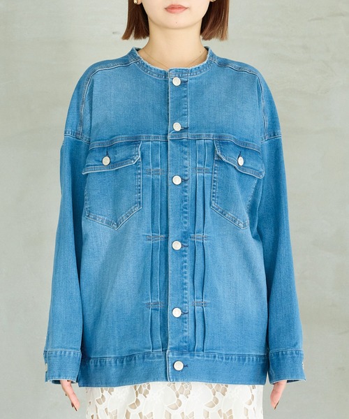 LAVEANGE（ラビアンジェ）の「ノーカラーデニムジャケット（デニムジャケット・レディース・ブルー・M/LL/3L/4L/5L）」の9枚目の写真