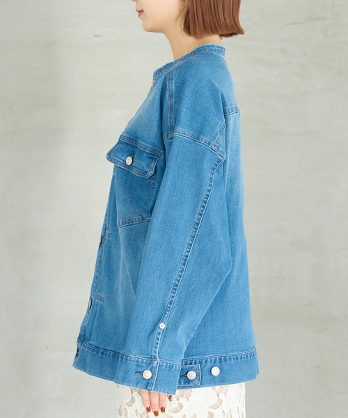LAVEANGE（ラビアンジェ）の「ノーカラーデニムジャケット（デニムジャケット・レディース・ブルー・M/LL/3L/4L/5L）」の10枚目の写真
