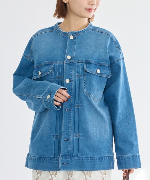 LAVEANGE（ラビアンジェ）の「ノーカラーデニムジャケット（デニムジャケット・レディース・ブルー・M/LL/3L/4L/5L）」の3枚目の写真