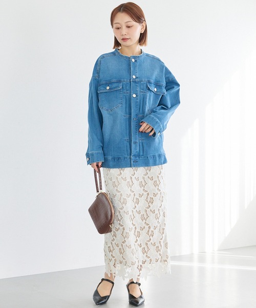 LAVEANGE（ラビアンジェ）の「ノーカラーデニムジャケット（デニムジャケット・レディース・ブルー・M/LL/3L/4L/5L）」の6枚目の写真