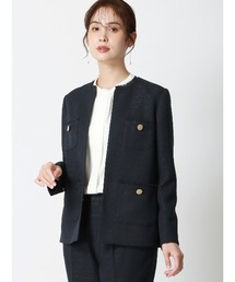 SUIT SQUARE | フリンジジャケット ノーカラー ハンドウォッシュ ツイード 織柄(ノーカラージャケット)