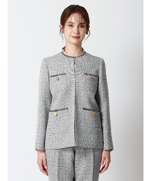 SUIT SQUARE（スーツスクエア）の「フリンジジャケット ノーカラー ハンドウォッシュ ツイード 織柄（ノーカラージャケット・レディース・ネイビー/ホワイト・36(7号)/38(9号)/40(11号)）」の7枚目の写真